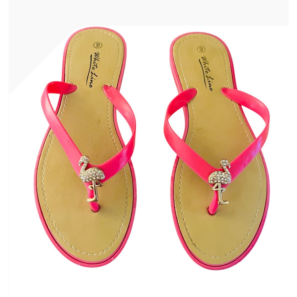 White Line Flamingo Sandals Rhinestone Thong‎ Hot Pink Summer Beach Pool Size 9 - Picture 3 of 5